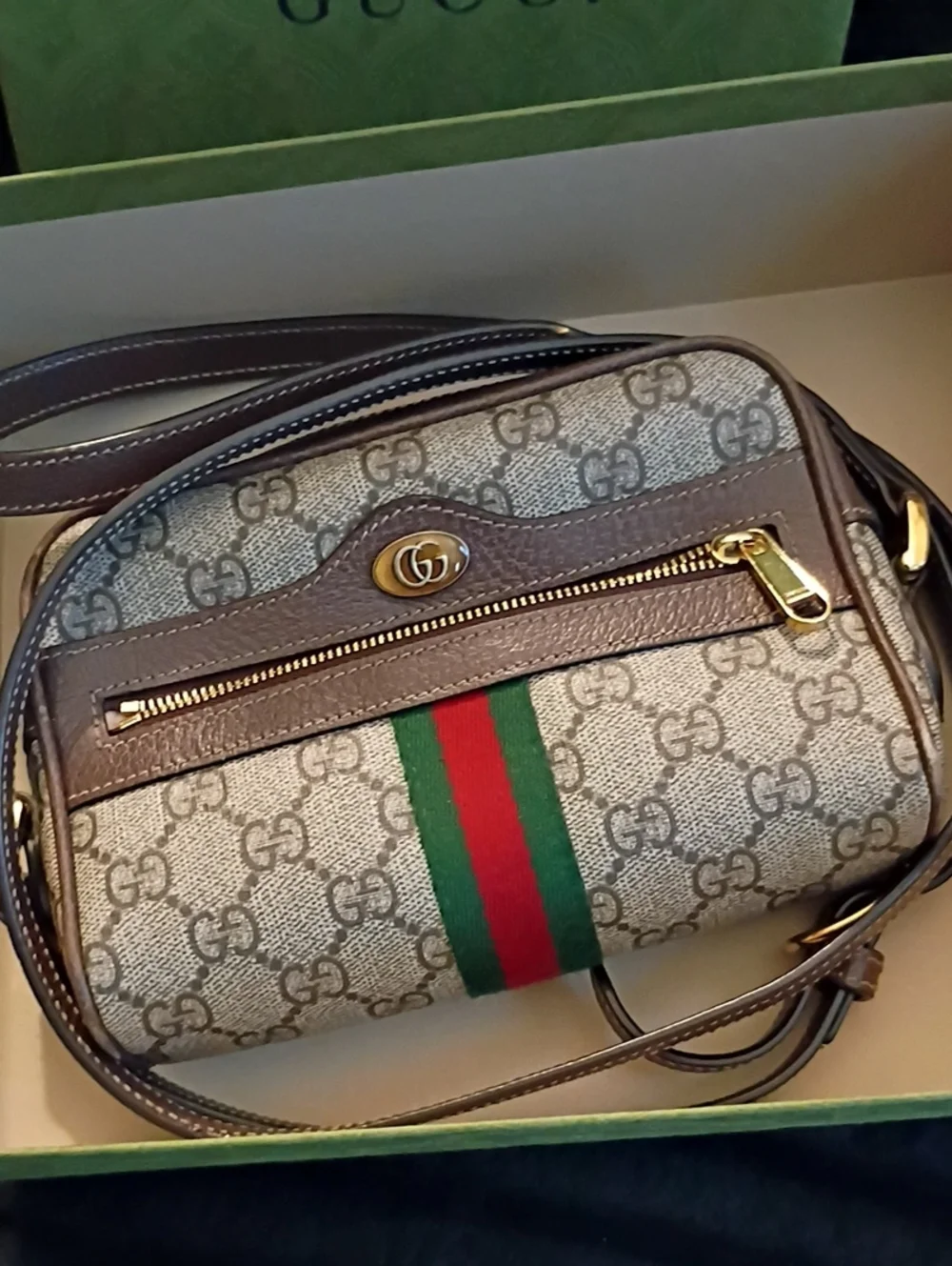 Gucci Beige/Brown Monogram Crossbody with Green-Red Web - Picture 1 of 11